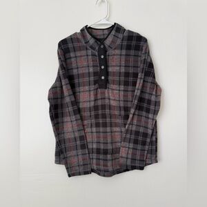 Women's Gray Plaid Button-Neck Pullover Fleece with Red Stripe